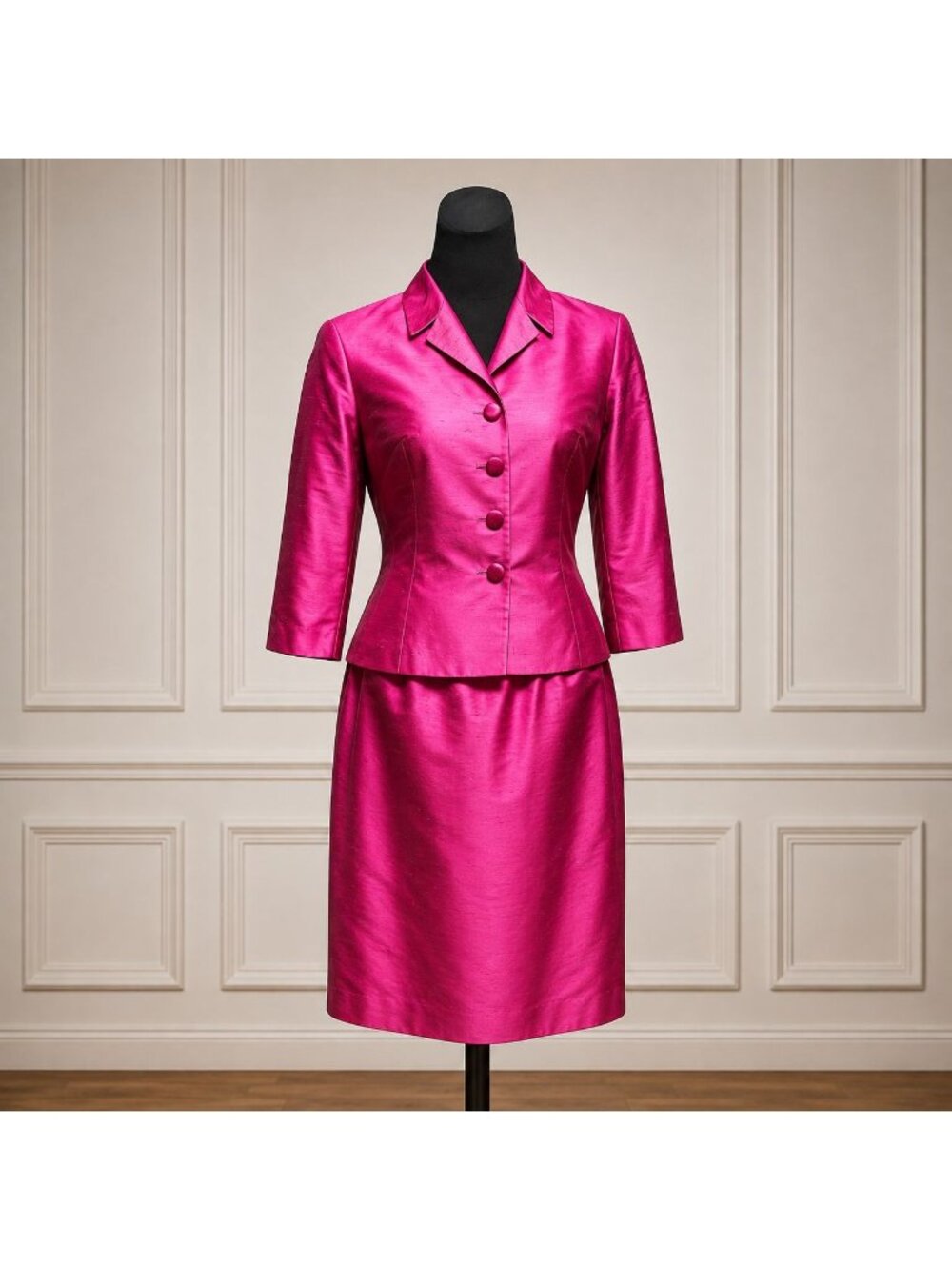 Renee DuMarr Vintage 80s 100% Silk Fuchsia Skirt Suit Women's Medium